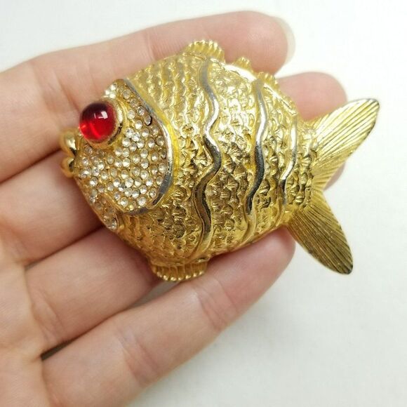 Vintage Jewelry - Vintage Large Fish Brooch, Gold Tone Red Rhinestone Eye, Retro Lapel Pin, Estate